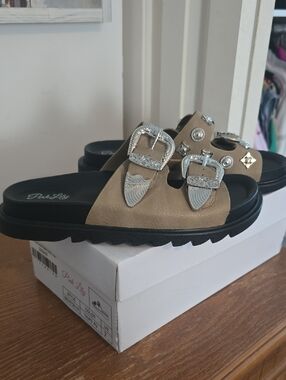 Pink Lily Tan Slide Sandals with Decorative Silver Buckles